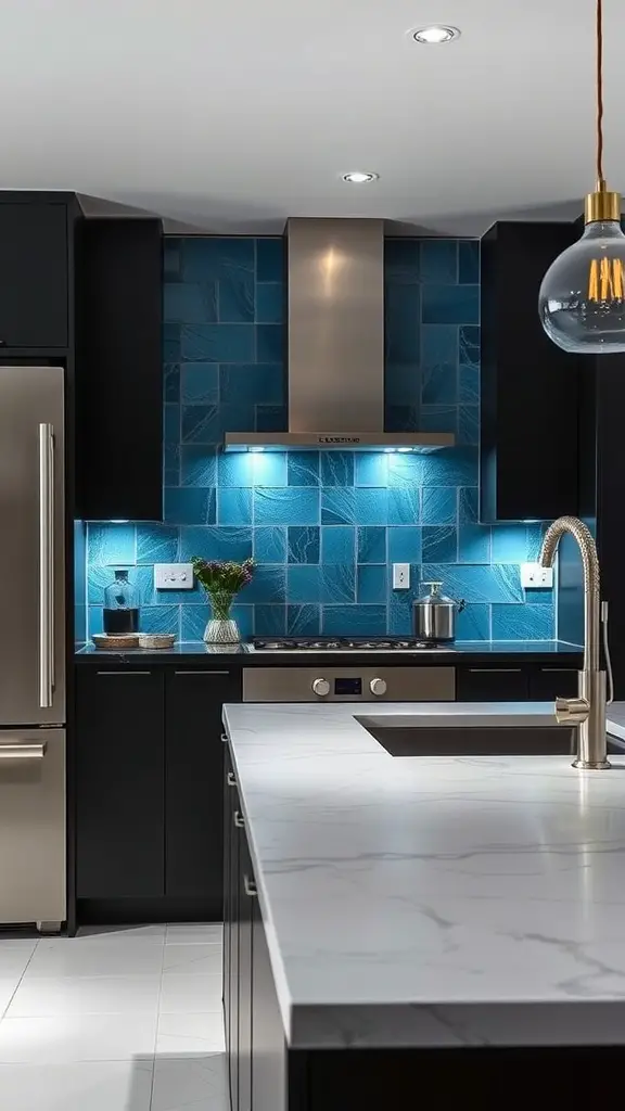 Modern kitchen featuring a frosted blue glass backsplash with dark cabinets.