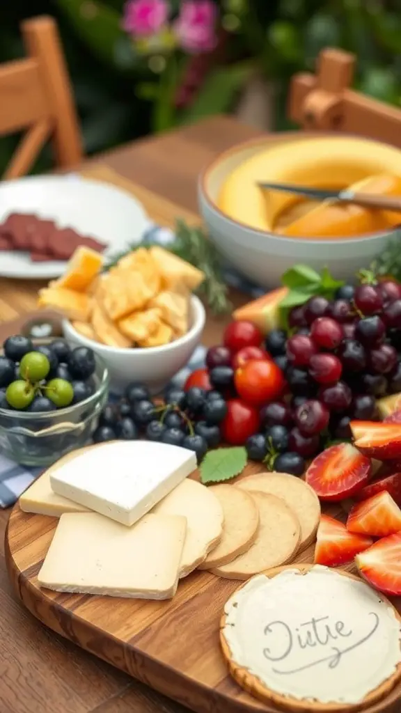 21 Stunning Summer Table Decoration Ideas You'll Love 12 A beautiful arrangement of fruits and cheeses on a wooden board, featuring strawberries, blueberries, grapes, and various cheese types.