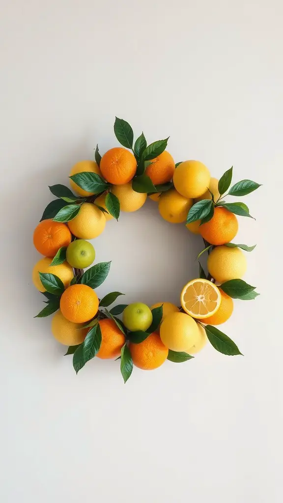 35 Stunning Summer Wreath Ideas for Your Front Door 2 A vibrant fruit and citrus wreath featuring oranges, lemons, and grapefruits with green leaves.