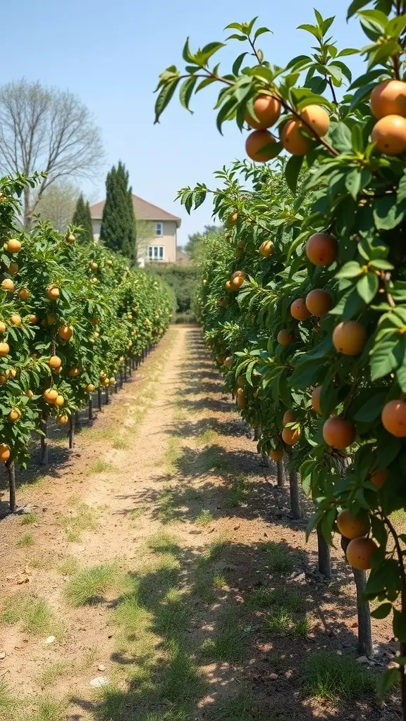 A lush fruit tree orchard with ripe fruits hanging from the branches, leading towards a house in the background.