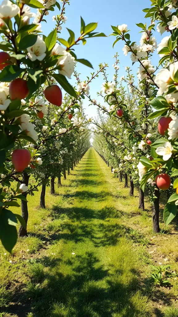 A sunny orchard with blooming fruit trees and ripe apples