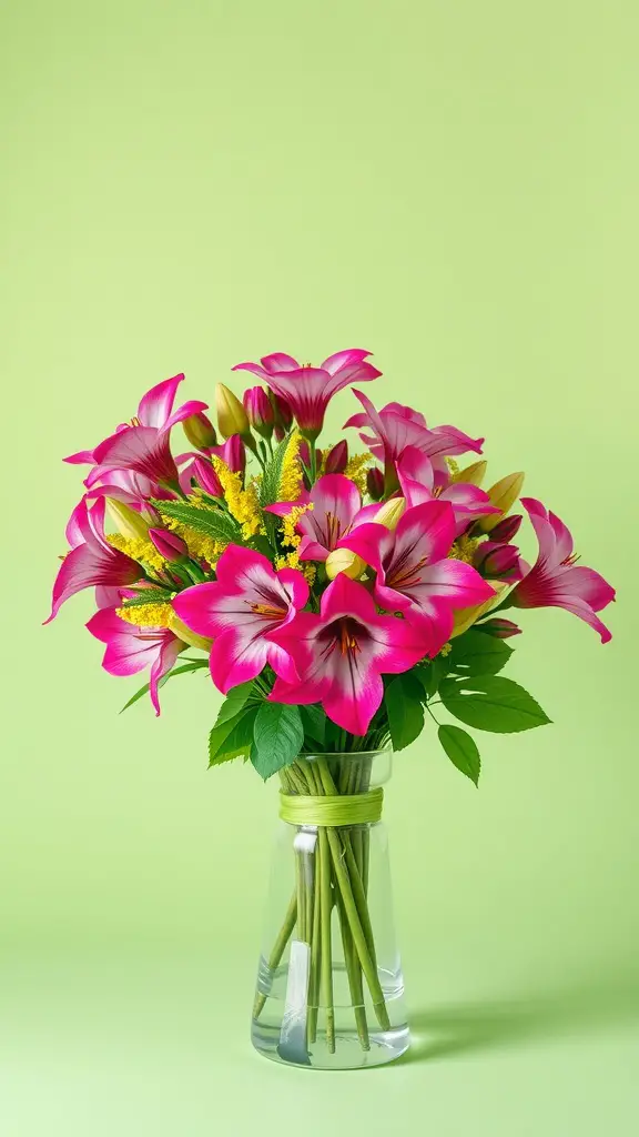 21 Stunning Spring Wedding Bouquet Ideas You’ll Love 12 A bouquet of fuchsia lilies in a glass vase against a lime green background