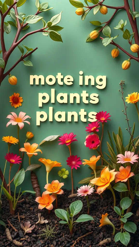 Colorful display of Mother Tongue plants with various flowers and leaves against a green background.