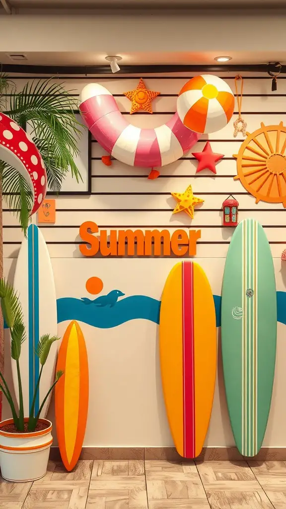 23 Bright and Cheerful Summer Decorations to Enhance Your Home 17 A colorful summer-themed wall display featuring surfboards, beach balls, and a 'Summer' sign.