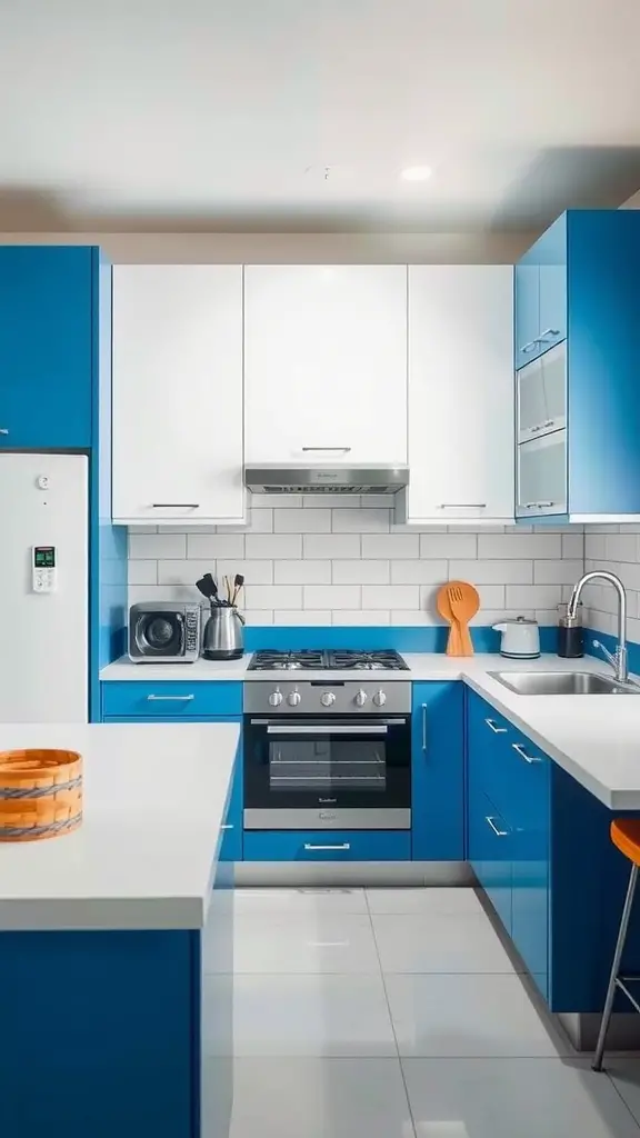 A modern blue and white kitchen featuring sleek cabinets, a stove, and a white countertop