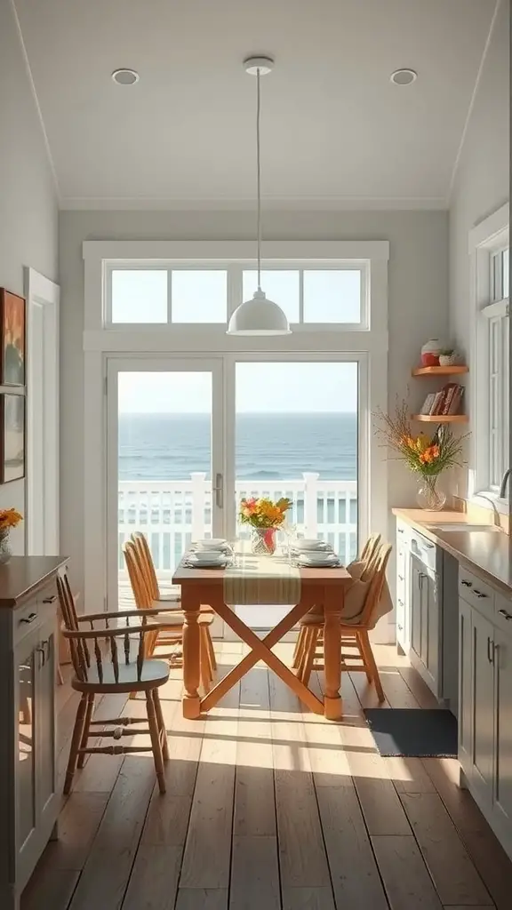 Cozy beach house kitchen with dining area and ocean view