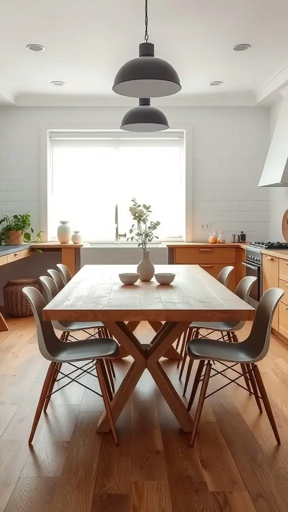 A Scandinavian dining space featuring a wooden table with modern chairs, minimal decor, and a bright window.