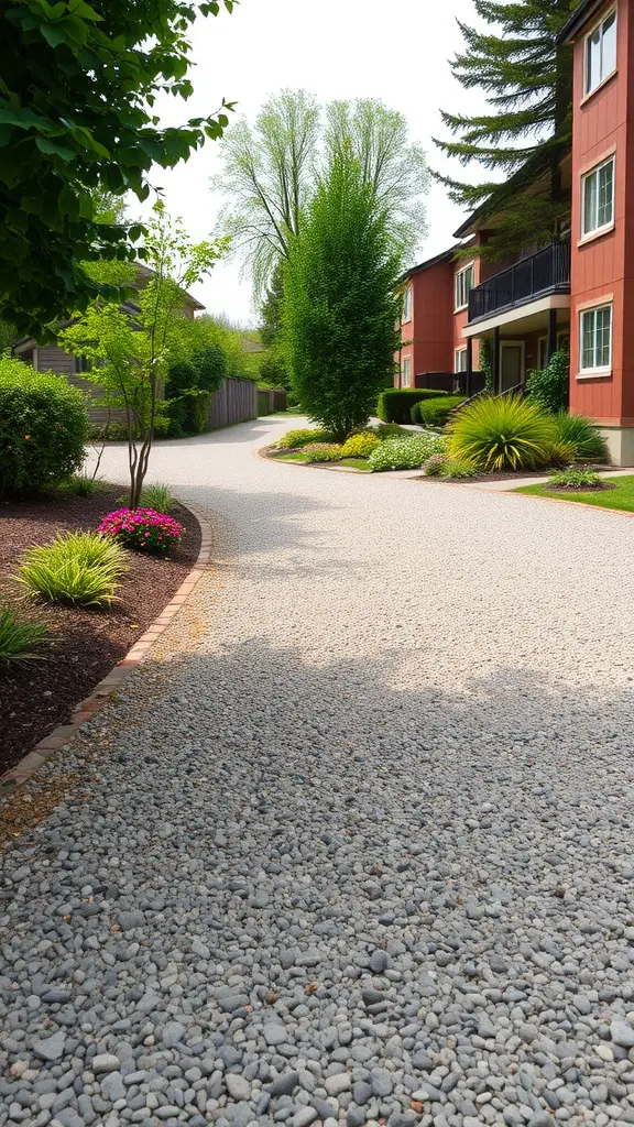 19 Creative Gravel Border Ideas for Your Garden 13 A winding gravel driveway bordered by bricks and surrounded by greenery and flowers.