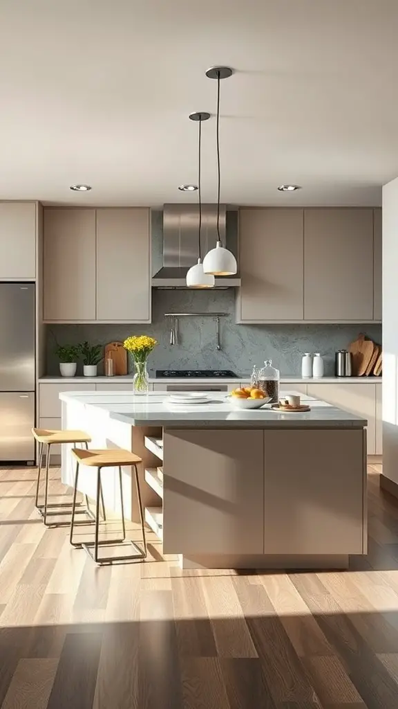 A modern kitchen with a functional island, featuring light cabinets, a dark countertop, bar stools, and pendant lighting.