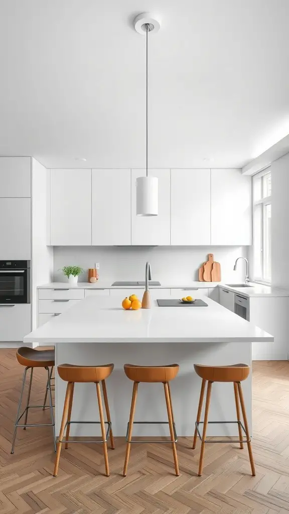 A modern Scandinavian kitchen featuring a white island, wooden stools, and natural light.