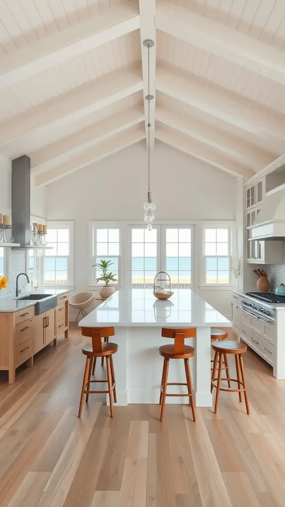 A beach house kitchen featuring a central island, wooden stools, and large windows overlooking the ocean.