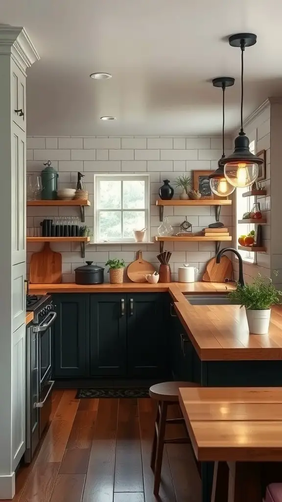 27 Cozy Kitchen Ideas to Warm Up Your Space 17 A warm kitchen with pendant and recessed lighting, dark cabinetry, wooden countertops, and open shelving.