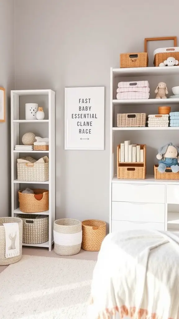 A well-organized mother's room featuring white shelving units filled with woven baskets and neatly folded towels.