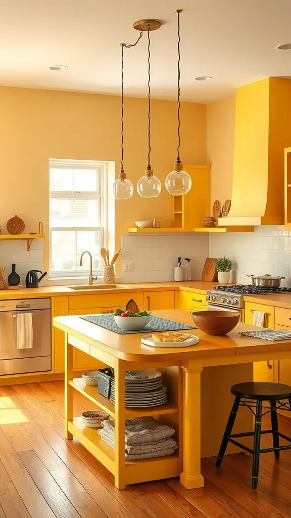 A bright yellow kitchen island in a sunny kitchen with hanging pendant lights and organized shelves.