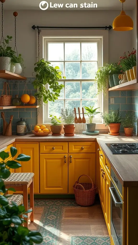 A bright yellow kitchen with plants, fruits, and cozy decor