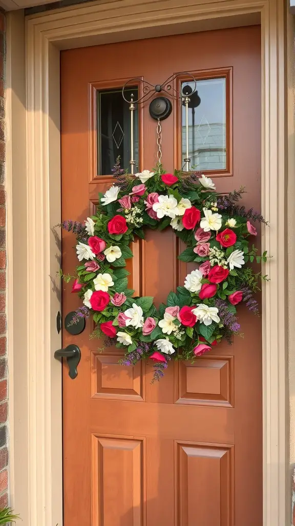 23 Bright and Cheerful Summer Decorations to Enhance Your Home 10 A vibrant garden-style wreath with pink and white flowers hanging on a brown front door