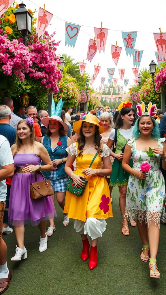 A colorful gathering of people in garden-themed costumes, featuring floral outfits and playful accessories, under vibrant banners and blooming flowers.