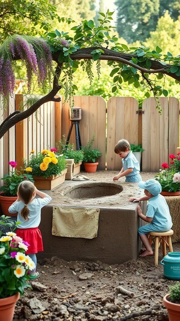 25 Creative Mud Kitchen Ideas for Kids to Inspire Imaginative Play 4 Children playing in a garden-themed mud kitchen surrounded by colorful flowers and plants.