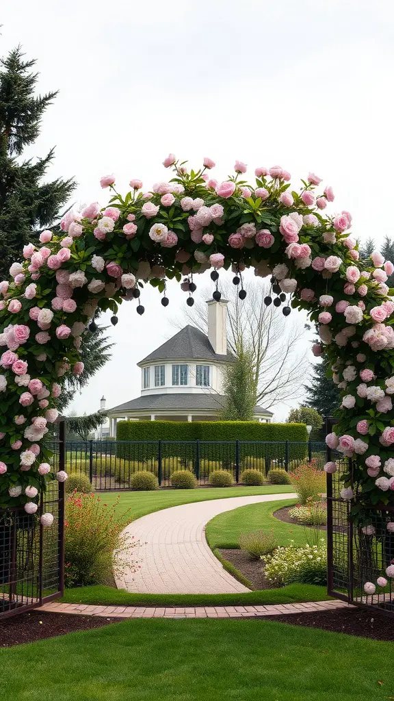 A garden arch covered with pink flowers, leading to a pathway and gazebo in the background.