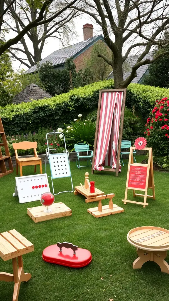 Colorful garden games set up for a tea party, including connect four and ring toss, surrounded by greenery.