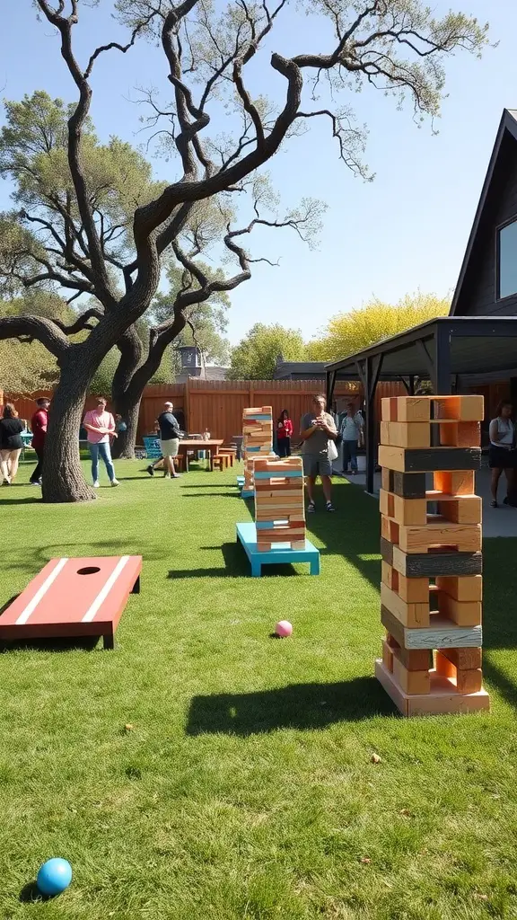 17 Creative Summer Bridal Shower Ideas for a Memorable Celebration 17 Outdoor garden games at a bridal shower, featuring oversized Jenga-style blocks and cornhole.