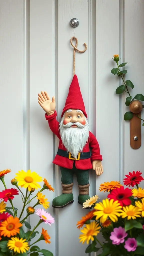21 Creative Summer Door Hanger Ideas You’ll Love 16 A cheerful garden gnome door hanger with a red hat, waving, surrounded by colorful flowers