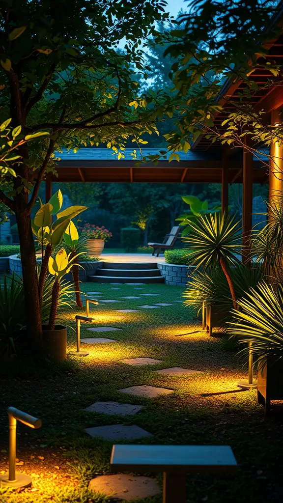 A pathway in a garden illuminated by warm lights, surrounded by plants and trees during evening time.