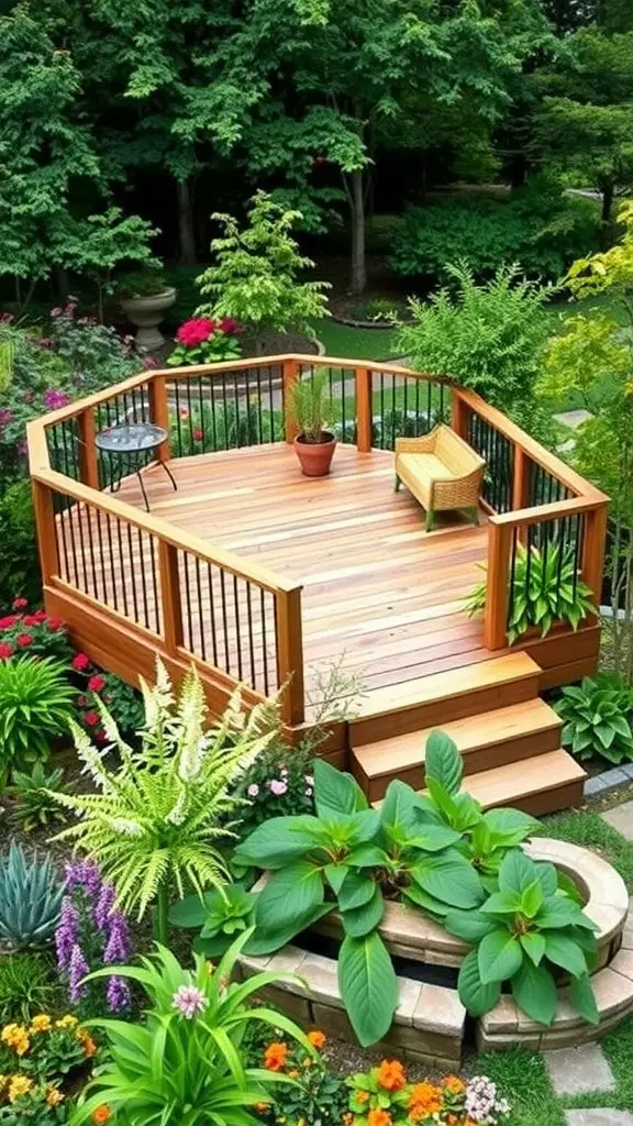17 Inspiring Multi-Level Deck Ideas for Your Outdoor Space 9 A multi-level wooden deck surrounded by greenery and colorful flowers, featuring a chair and small table.