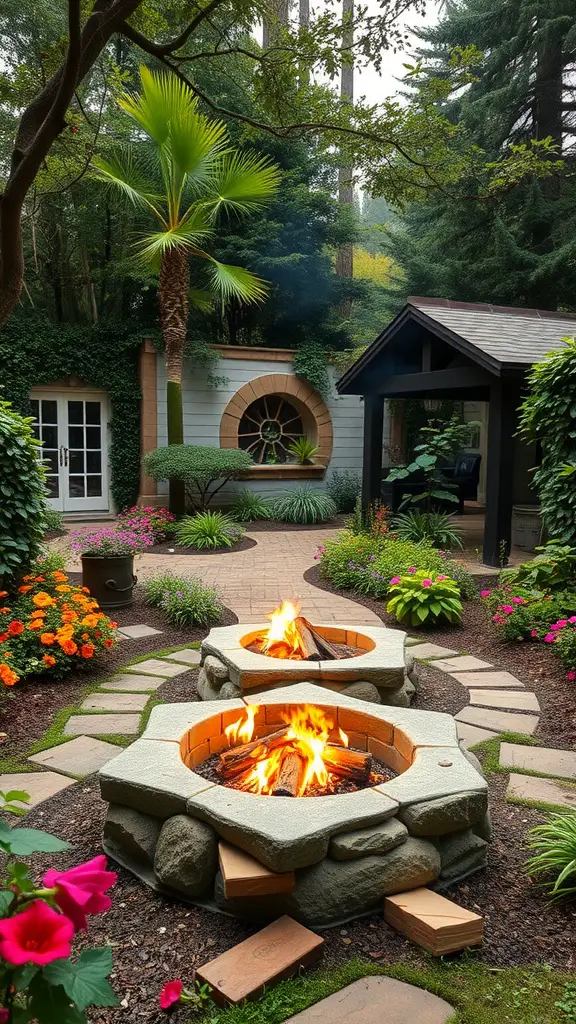 A beautiful garden with two fire pits surrounded by flowers and greenery.