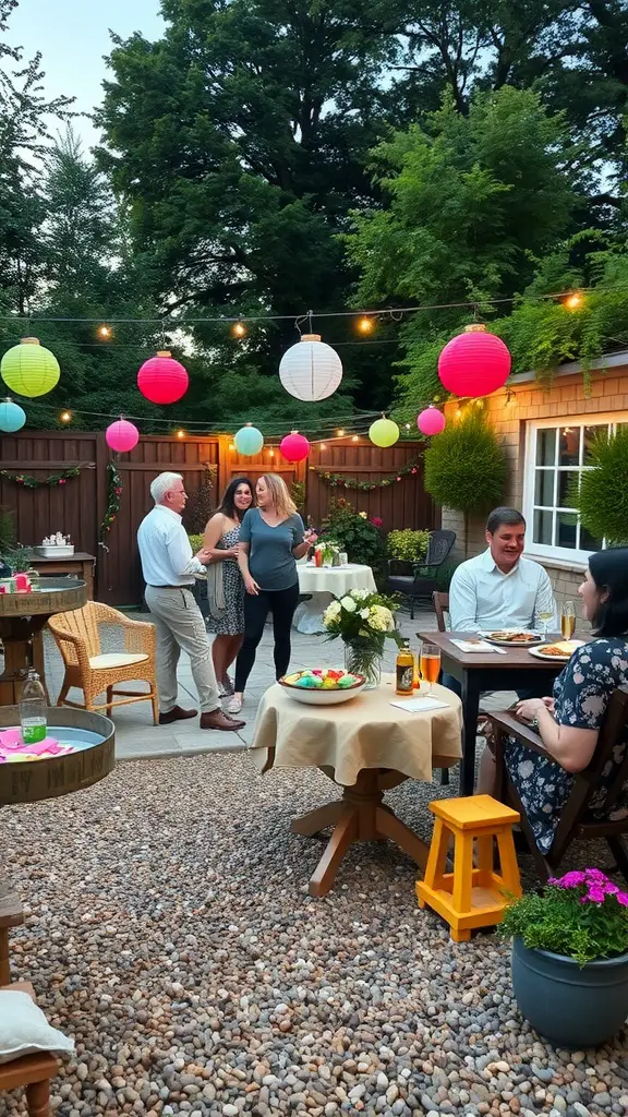 15 Creative Pea Gravel Patio Ideas for Your Outdoor Space 16 A vibrant garden party setup with colorful lanterns, pea gravel patio, and guests enjoying food and drinks.