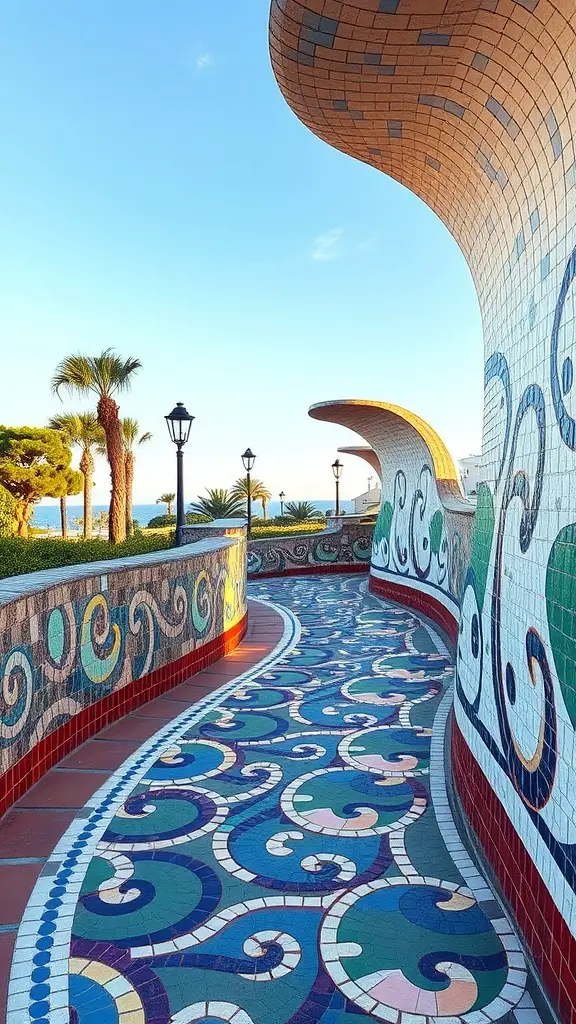 A colorful mosaic pathway with curves and swirls, surrounded by lush greenery and palm trees.