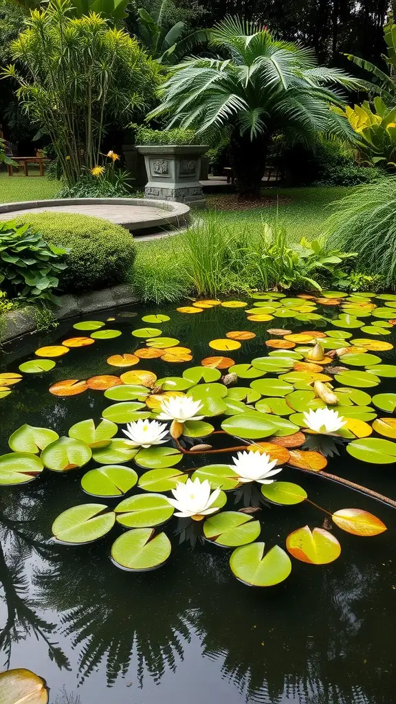 A serene garden pond with water lilies and lush greenery surrounding it.