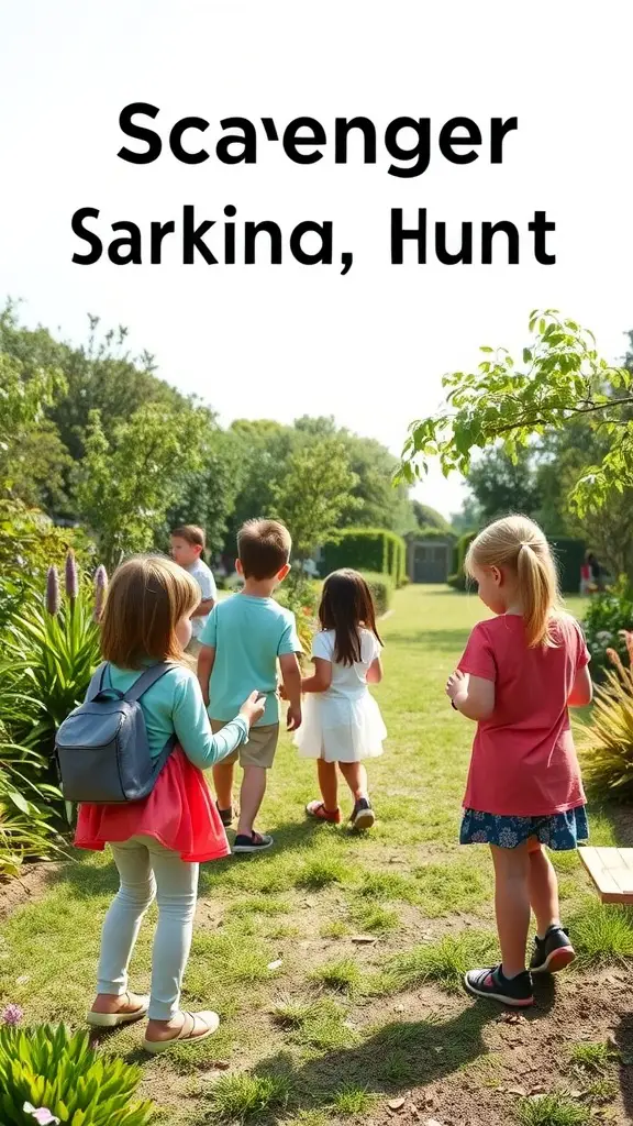 Children participating in a garden scavenger hunt, walking along a lush path surrounded by greenery.