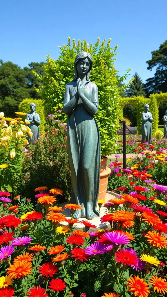 A serene garden sculpture surrounded by vibrant flowers under a clear blue sky.