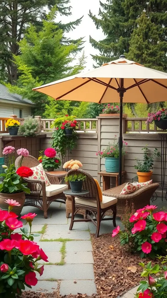 A cozy backyard seating area with wicker chairs, a large umbrella for shade, and colorful flowers around.