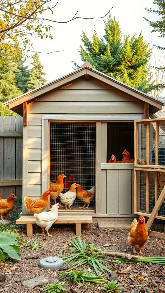 A converted garden shed with chickens outside