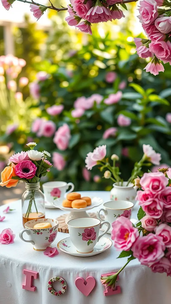 A beautifully arranged garden tea party table with floral decorations, fine china, and donuts.