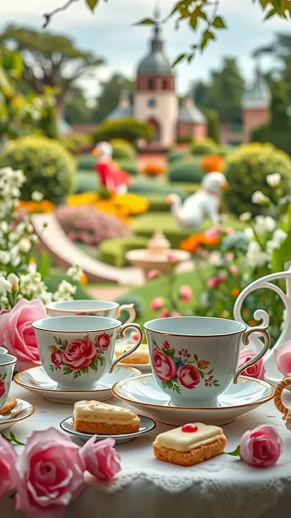21 Creative Summer Baby Shower Ideas to Celebrate the Arrival of Baby 14 A beautifully arranged garden tea party setup featuring floral tea cups and cookies, surrounded by lush gardens.