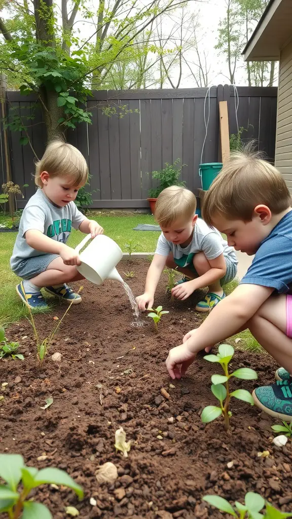 Three children gardening together, watering and planting young plants in a backyard.