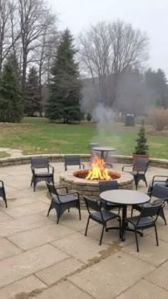 Cozy outdoor fire pit area with round tables and chairs