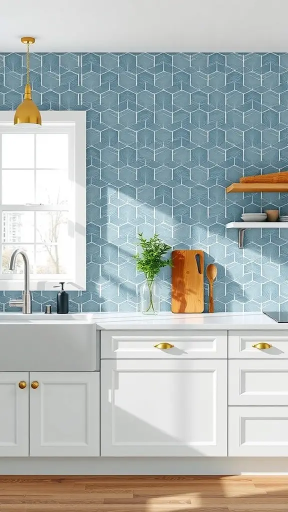 Geometric blue backsplash in a bright kitchen with white cabinets and a farmhouse sink