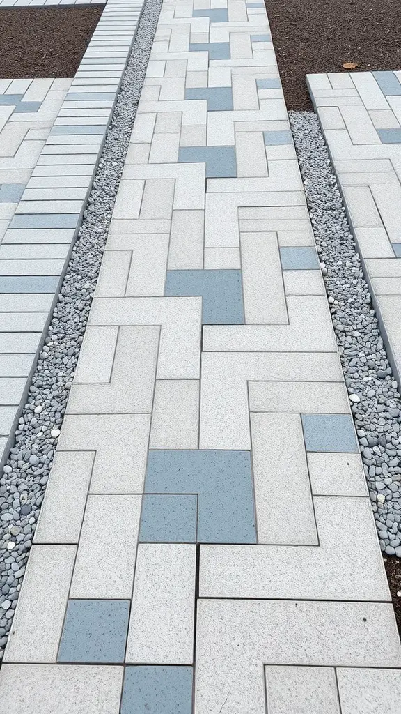 Geometric flagstone walkway design with alternating colors and gravel