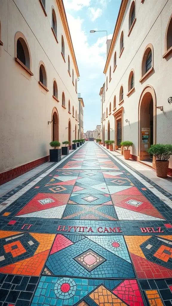 A mosaic walkway featuring geometric patterns made from colored stones