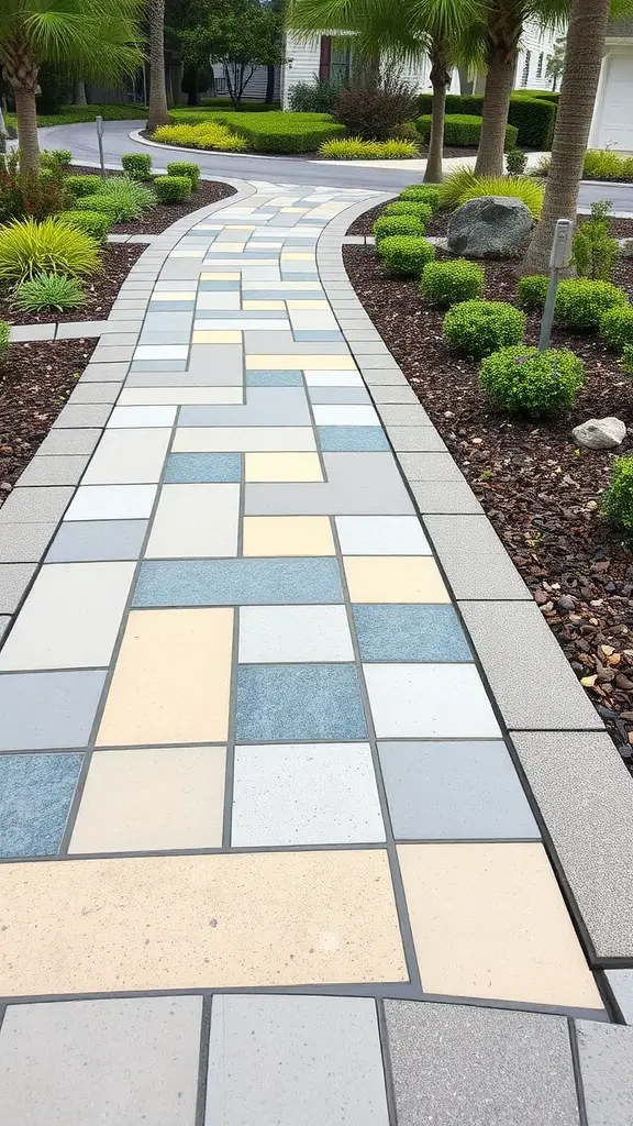 27 Stunning Stone Pathway Ideas for Your Garden Walkways 4 A winding stone pathway with a mix of geometric pavers in varying colors surrounded by lush greenery