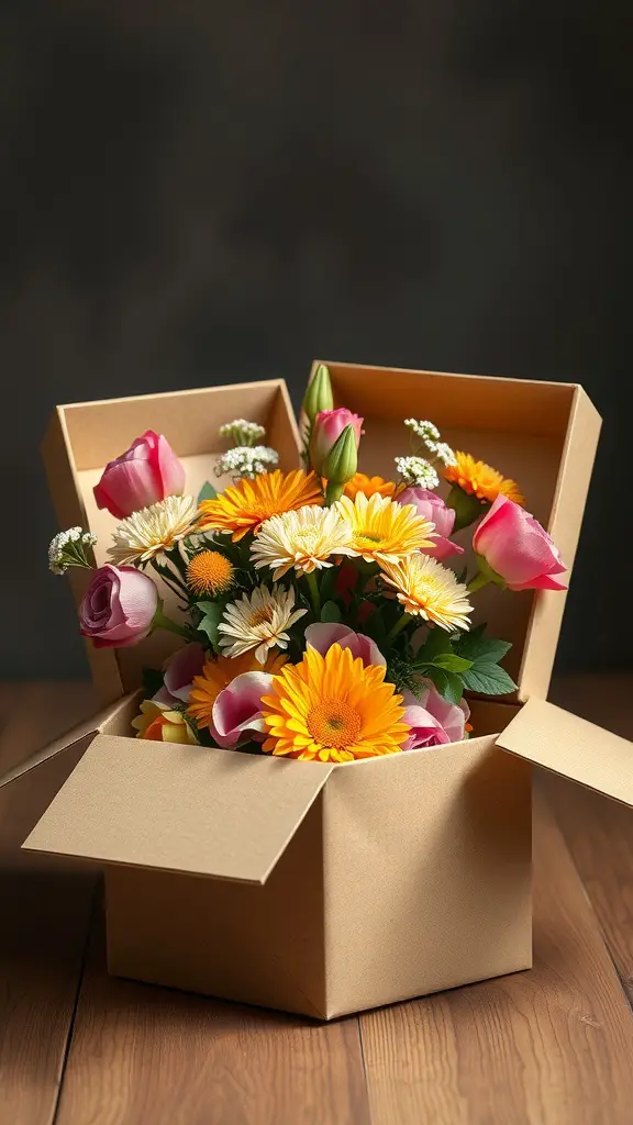 A cardboard gift box filled with colorful flowers, including pink roses, yellow gerbera daisies, and white daisies.