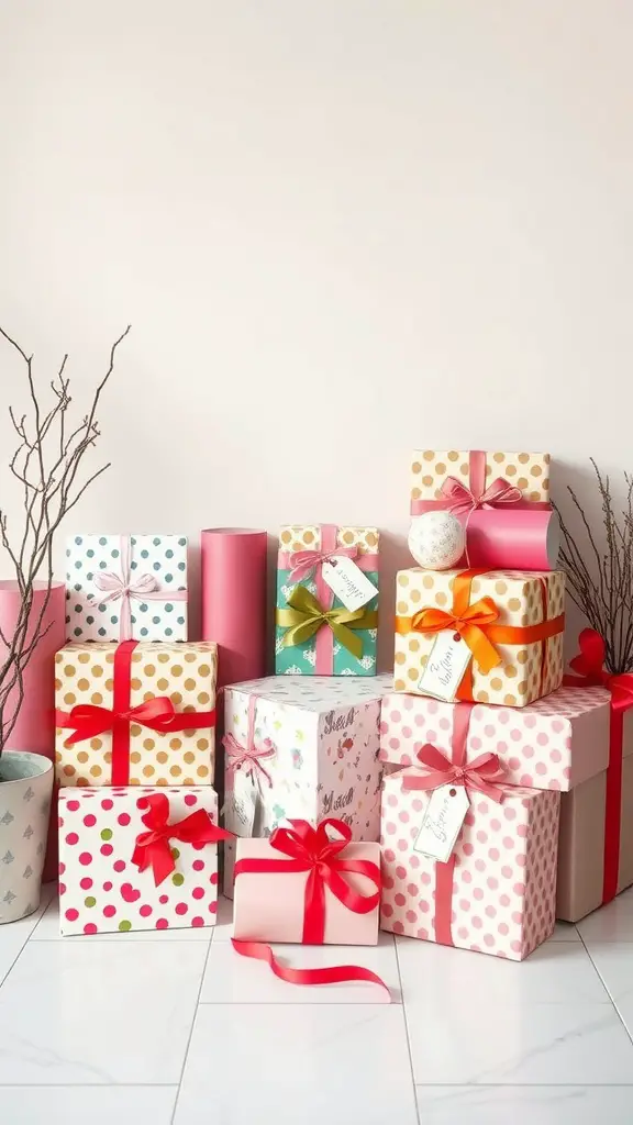 27 Creative Mother’s Day Decor Ideas to Celebrate Mom 10 A colorful gift wrapping station with neatly wrapped gifts in various patterns and colors, featuring ribbons and tags.