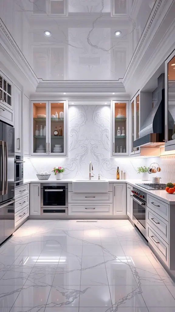 A glamorous Hollywood kitchen with sleek cabinetry, marble countertops, and stainless-steel appliances.