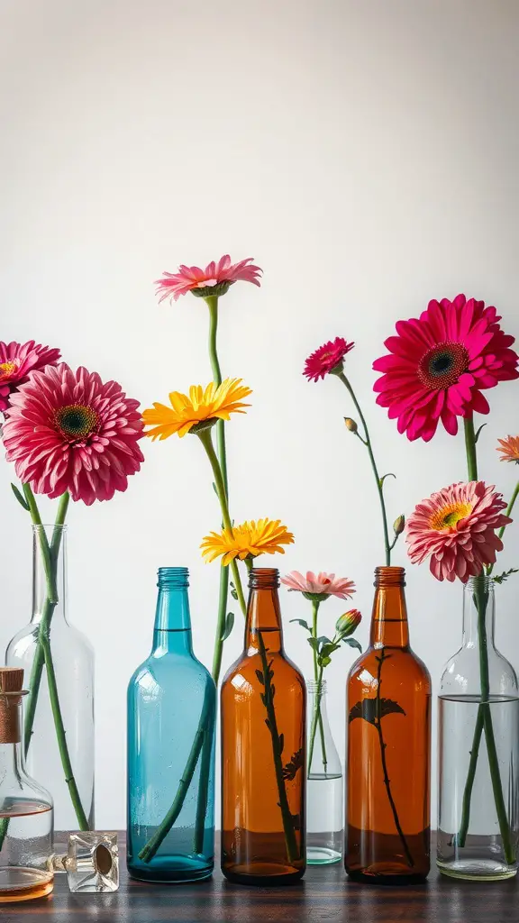 An arrangement of colorful flowers in various glass bottles on a wooden surface.