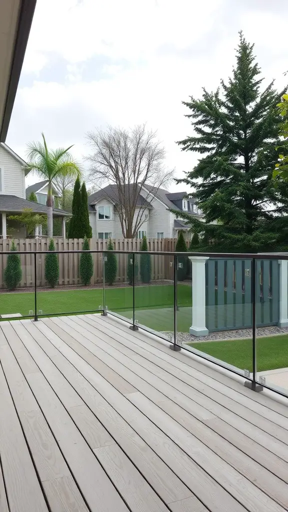 19 Creative Deck Ideas to Enhance Your Backyard Oasis 12 A modern deck featuring glass railings and wooden flooring, surrounded by greenery.