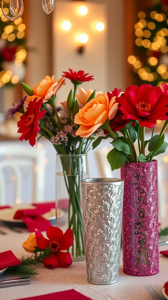 Two glittery vases, one silver and one pink, filled with colorful flowers on a beautifully set table